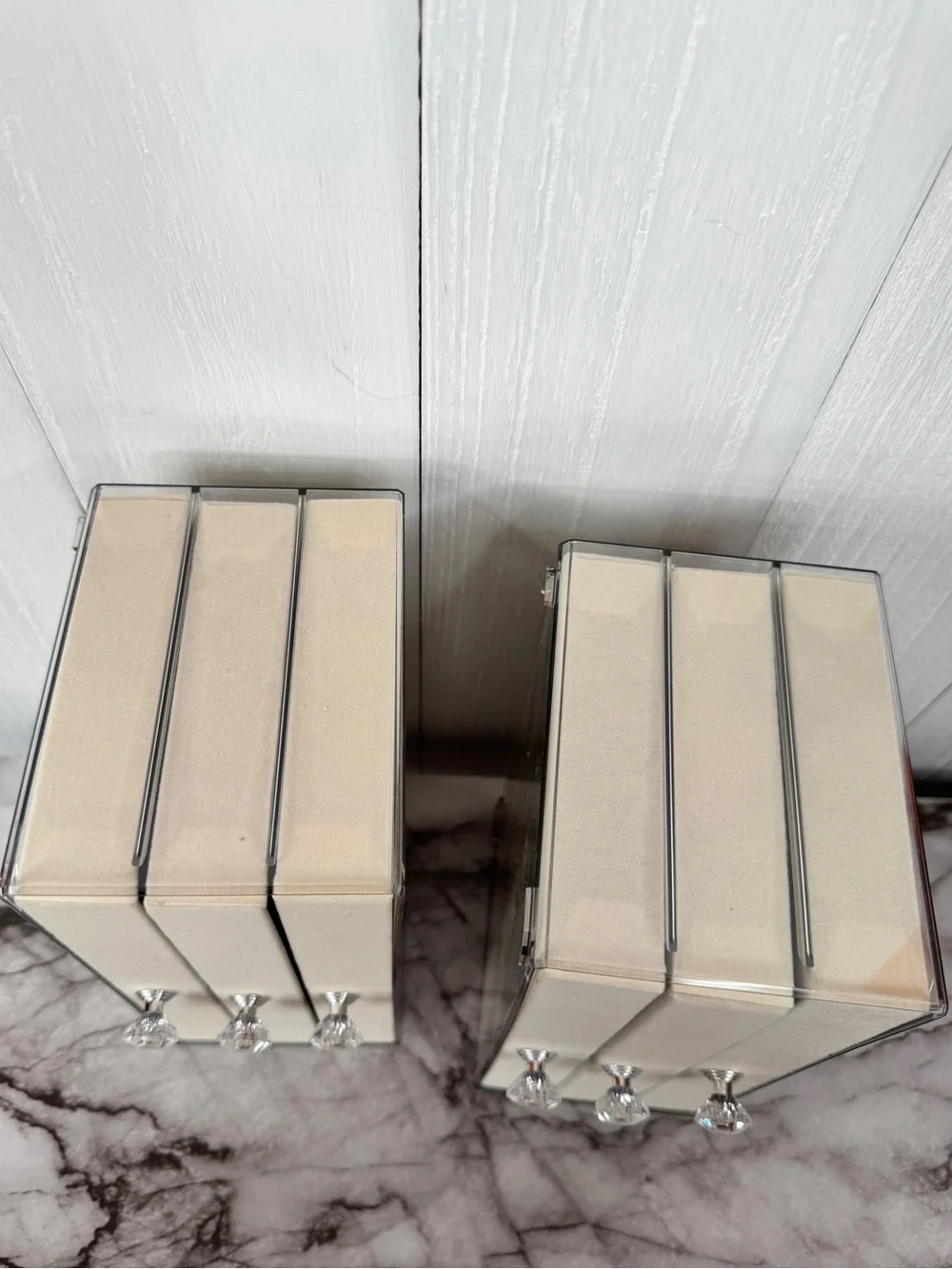 Acrylic Beige Velvet Jewelry Organizer with Crystal Knobs - 3 Drawer | Lot of 2
